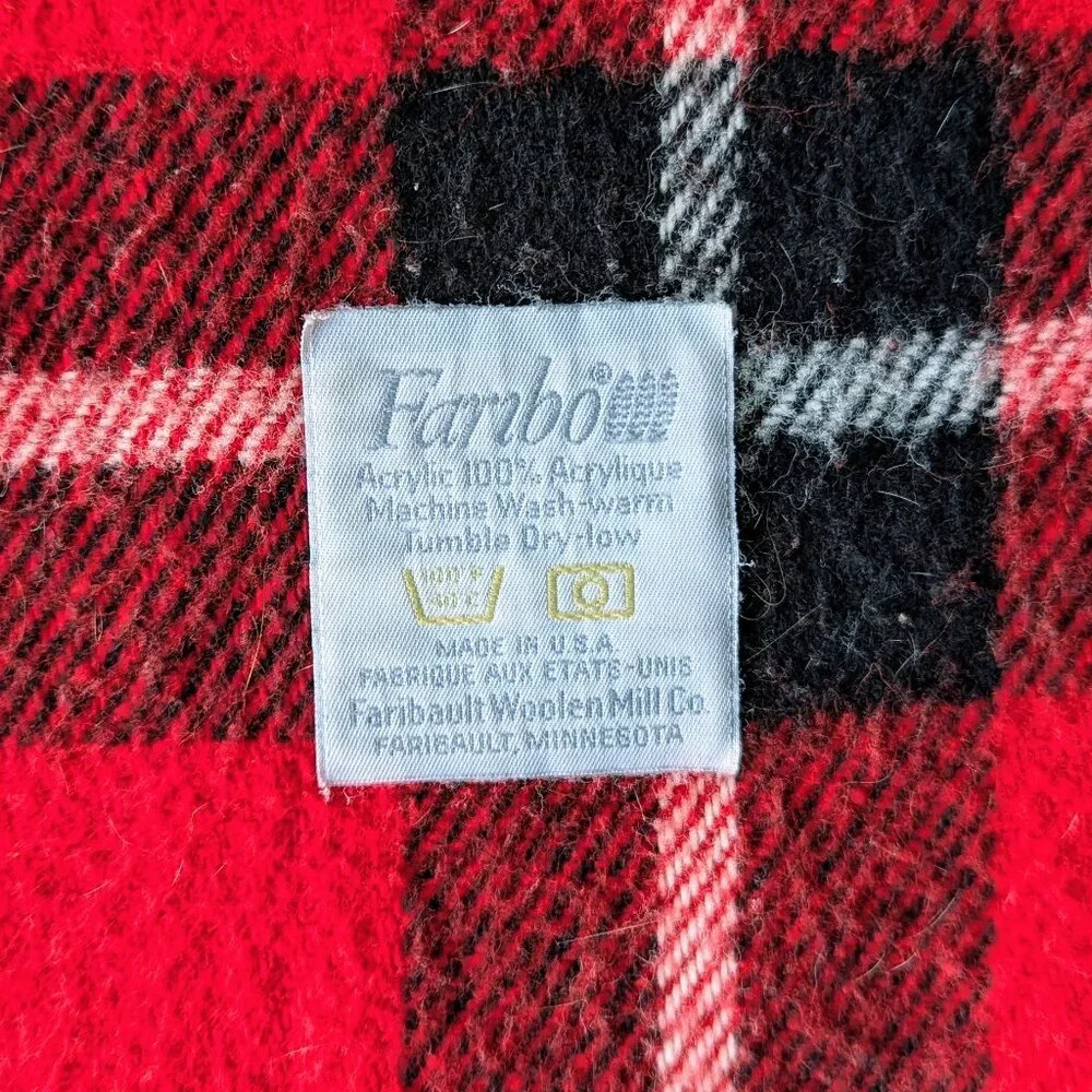 Vintage Faribo Faribault Woolen Mills Red Black Plaid Fringe Blanket